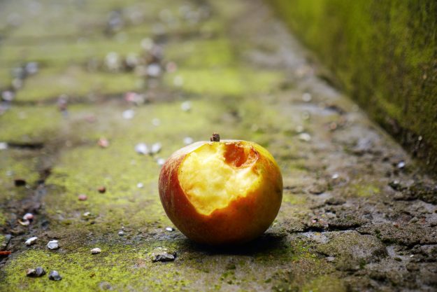 Discarded apple on street floor.
